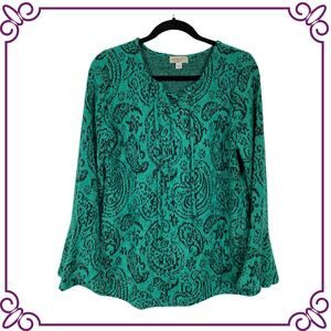 One World Long Bell Sleeve Green & Black Paisley Boho Top MEDIUM
